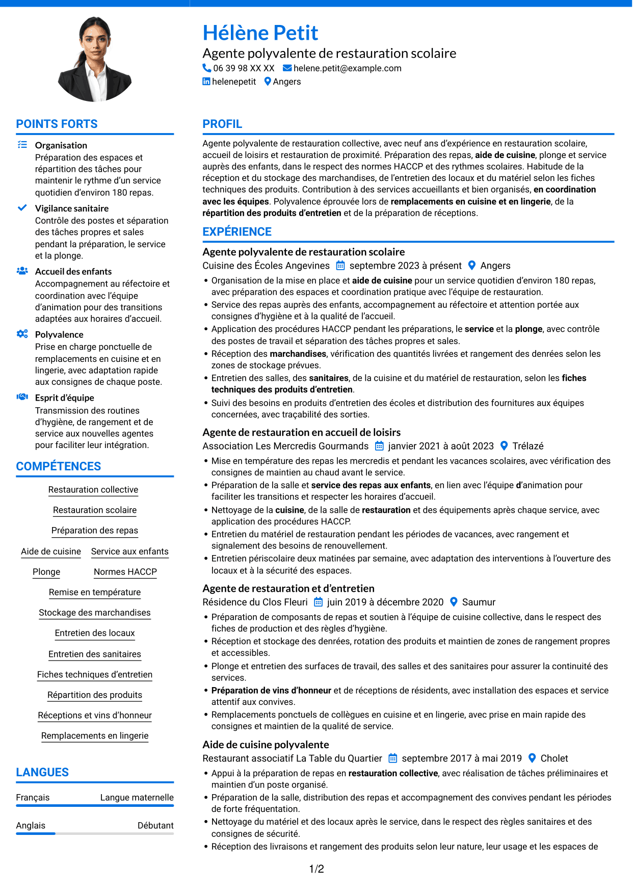 CV Audacieux (format à deux colonnes avec accents colorés et photo) : Agent polyvalent de restauration collective, page 1