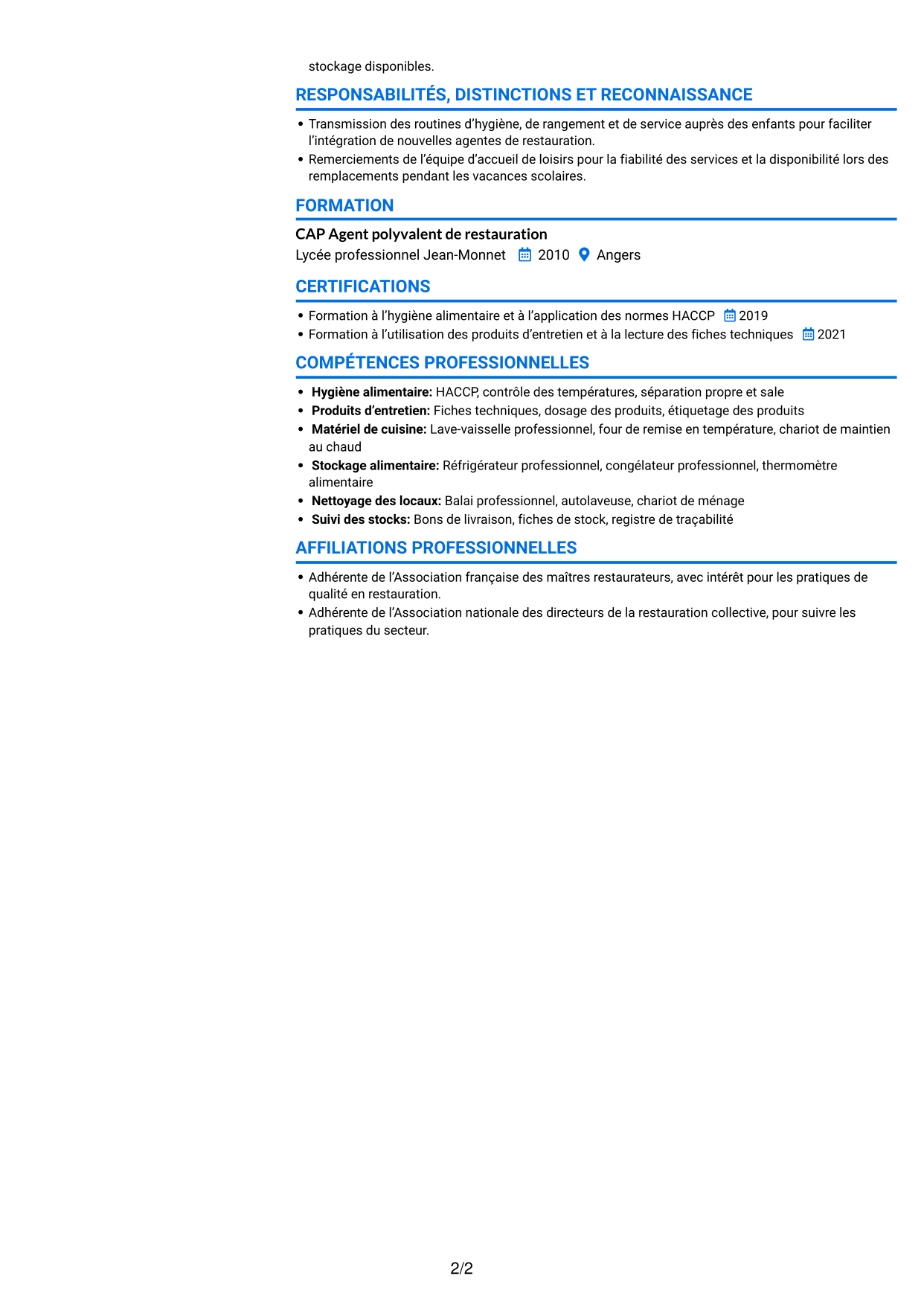 CV Audacieux (format à deux colonnes avec accents colorés et photo) : Agent polyvalent de restauration collective, page 2