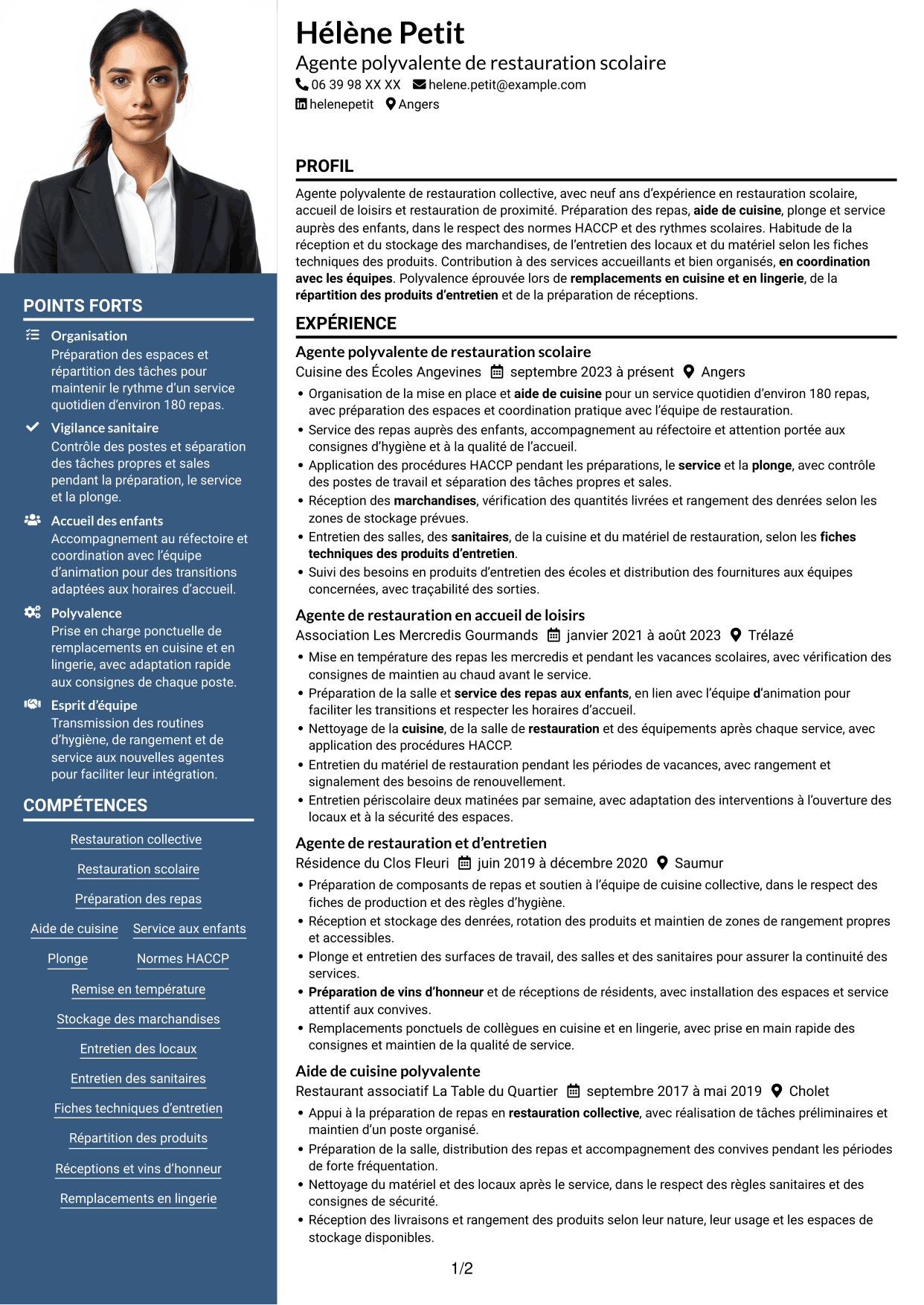 CV Signature (format à colonne latérale colorée avec grande photo) : Agent polyvalent de restauration collective, page 1