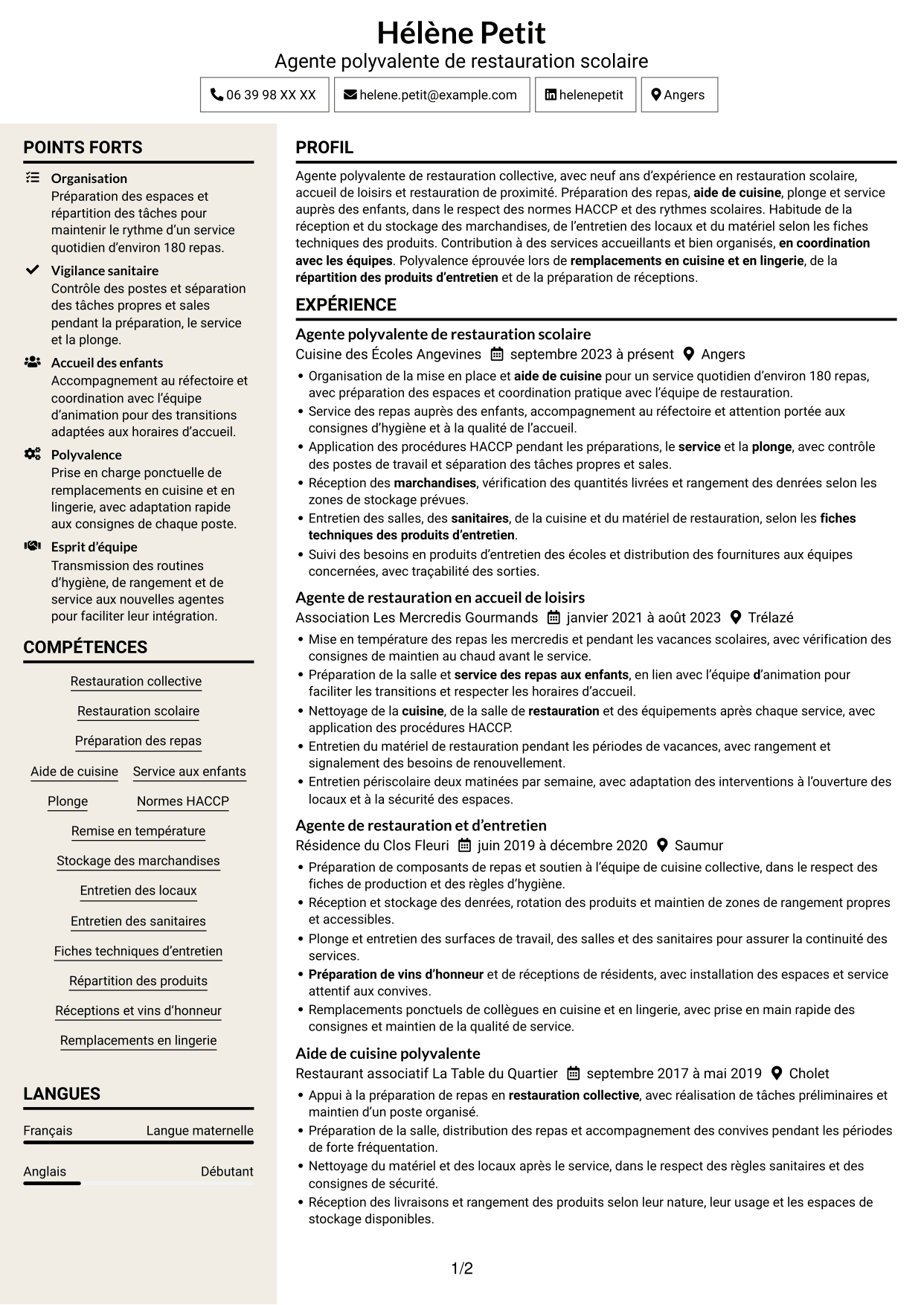 CV Fonceur (format à deux colonnes avec en-tête centré sans photo) : Agent polyvalent de restauration collective, page 1