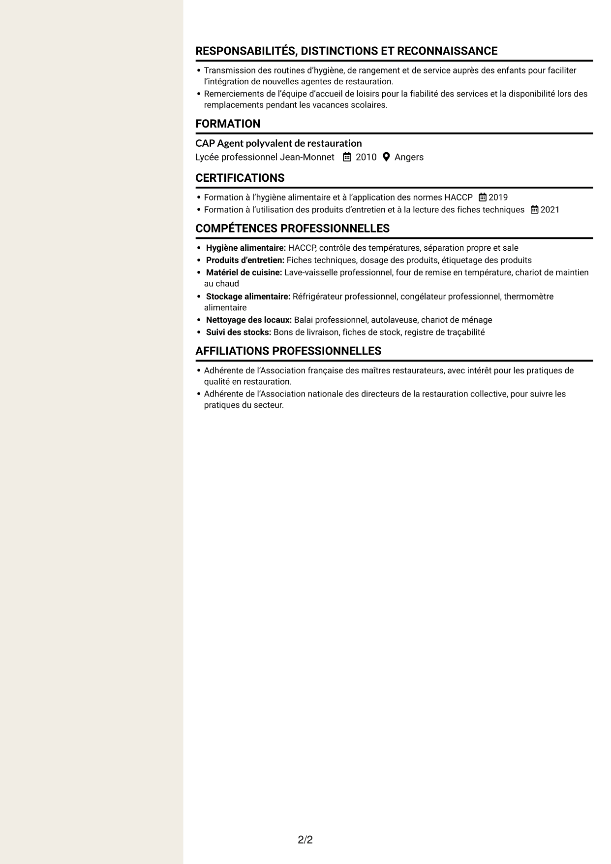 CV Fonceur (format à deux colonnes avec en-tête centré sans photo) : Agent polyvalent de restauration collective, page 2