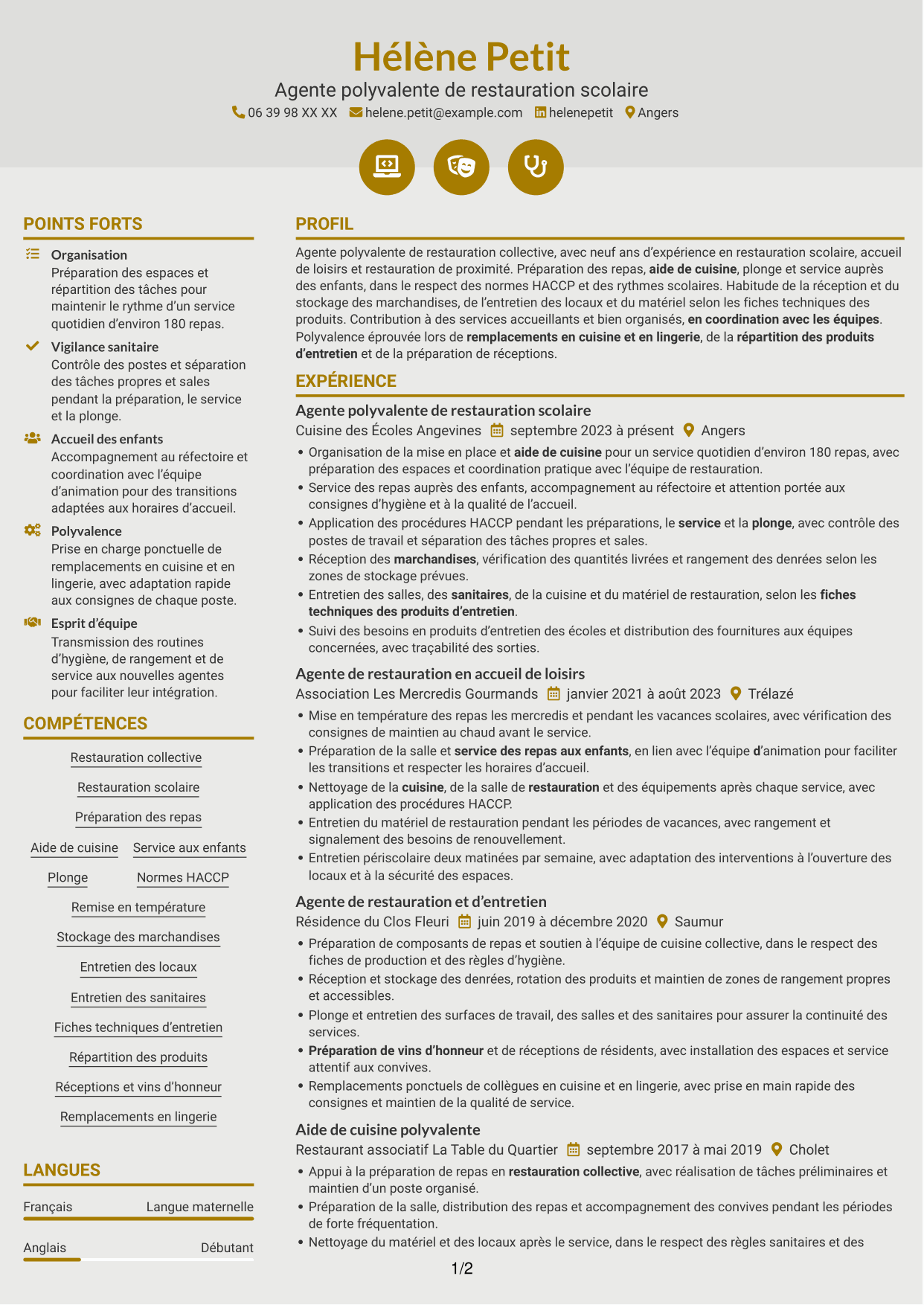 CV Dynamique (format à deux colonnes avec icônes) : Agent polyvalent de restauration collective, page 1