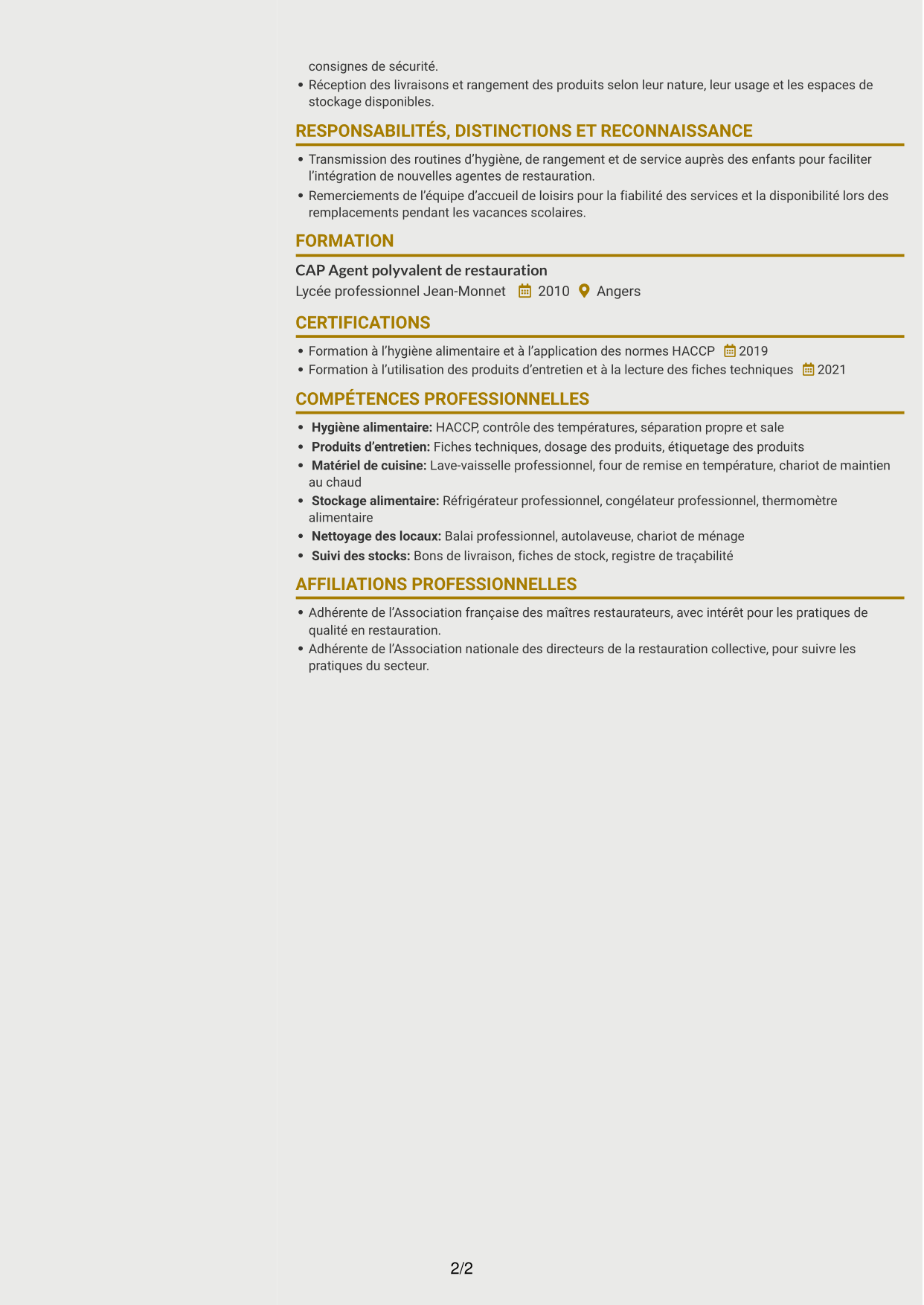 CV Dynamique (format à deux colonnes avec icônes) : Agent polyvalent de restauration collective, page 2
