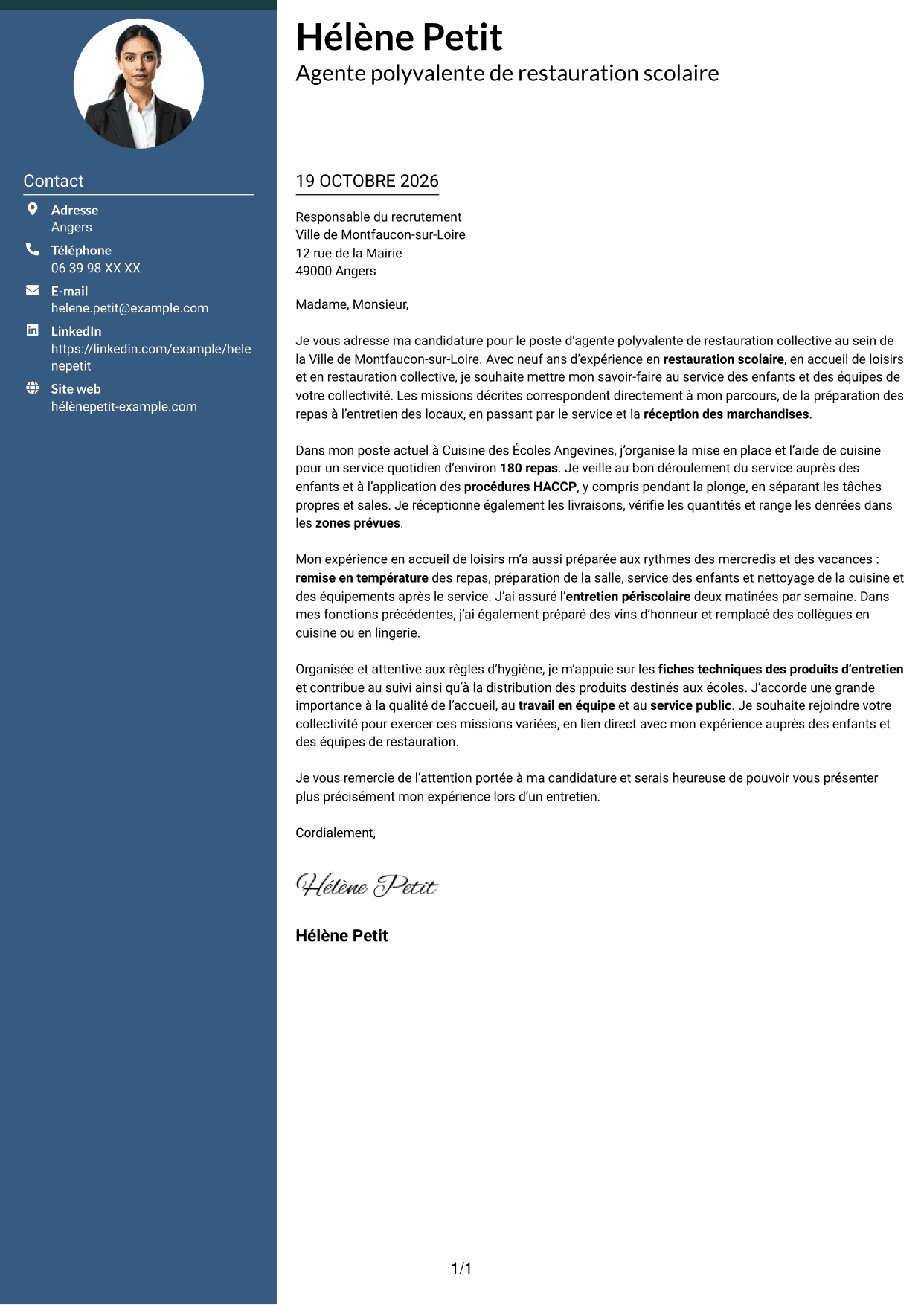 Lettre de motivation Élégant (format à colonne latérale colorée avec photo) : Agent polyvalent de restauration collective, page 1