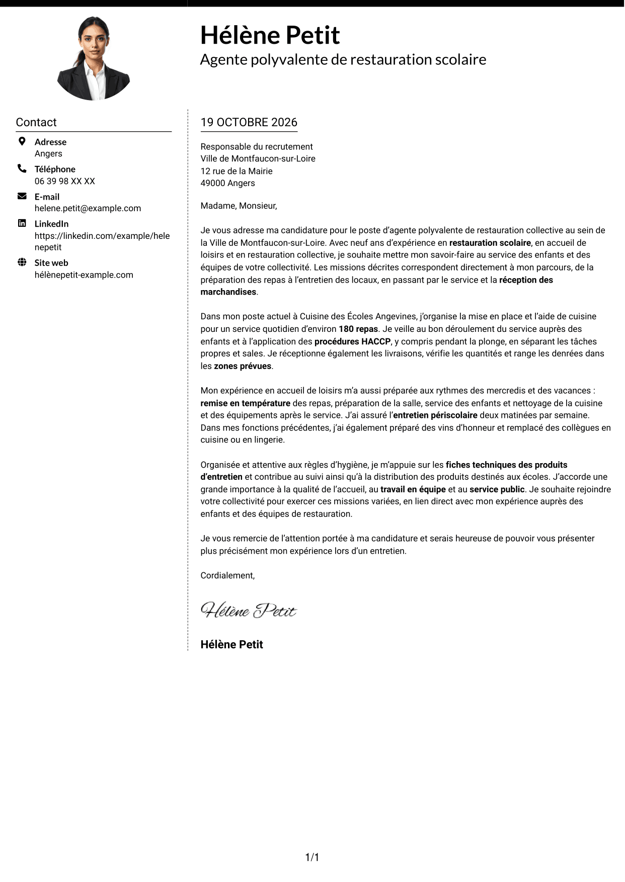 Lettre de motivation Moderne (format à deux colonnes avec photo à gauche et séparateur) : Agent polyvalent de restauration collective, page 1