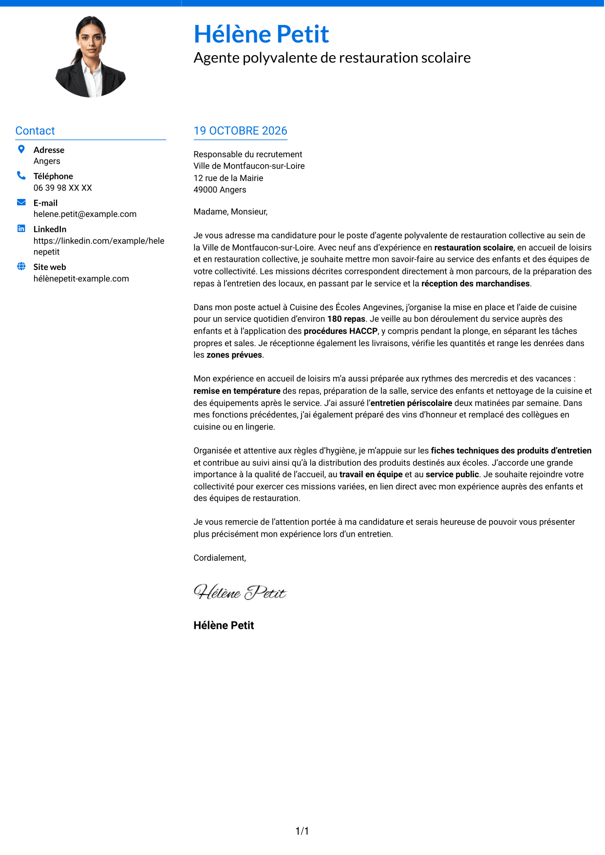 Lettre de motivation Audacieux (format à deux colonnes avec accents colorés et photo) : Agent polyvalent de restauration collective, page 1