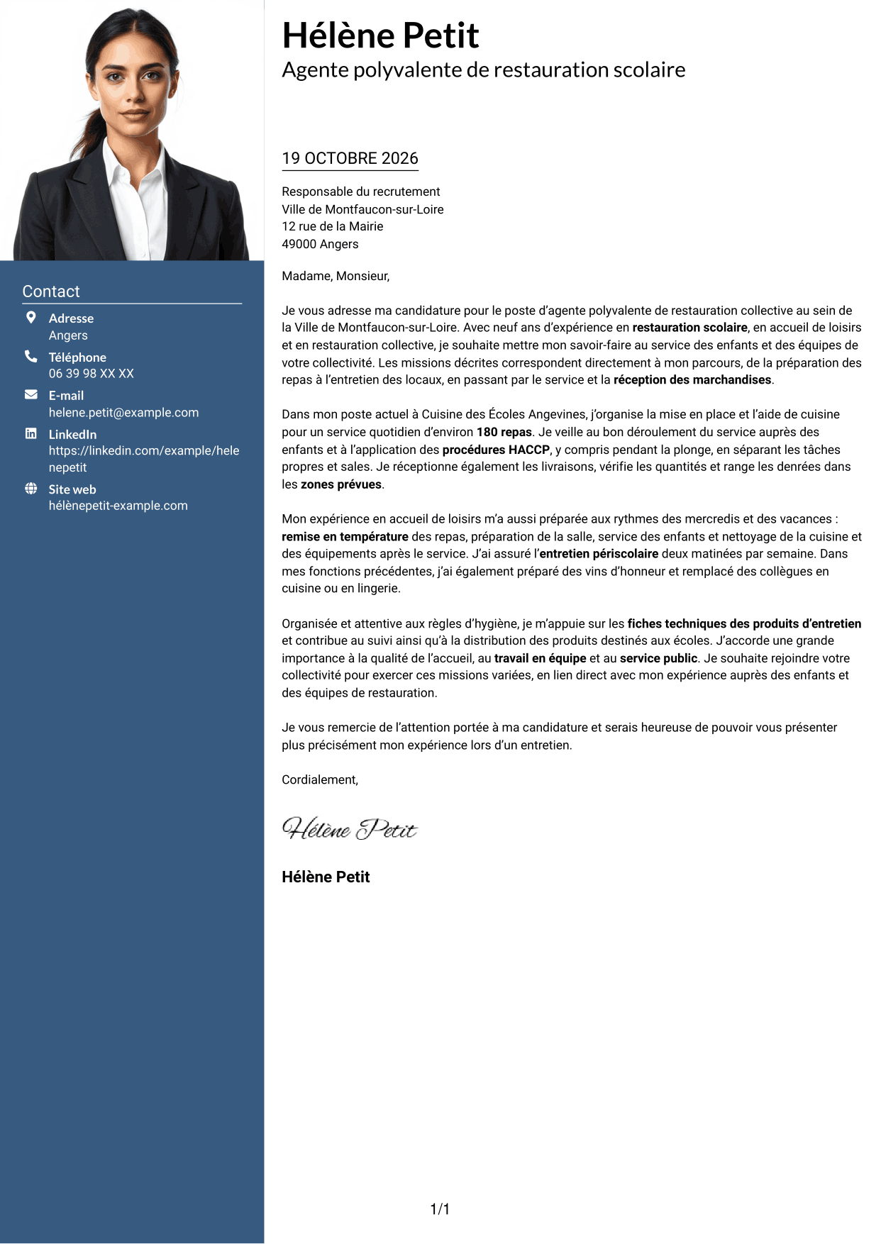 Lettre de motivation Signature (format à colonne latérale colorée avec grande photo) : Agent polyvalent de restauration collective, page 1