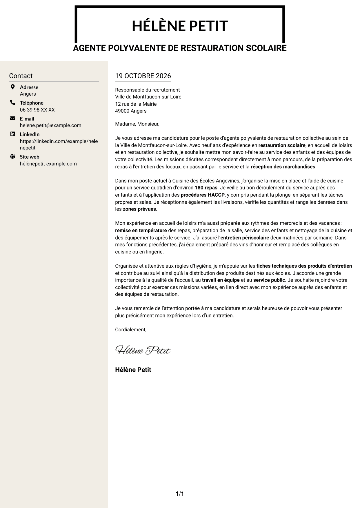 Lettre de motivation Fonceur (format à deux colonnes avec en-tête centré sans photo) : Agent polyvalent de restauration collective, page 1