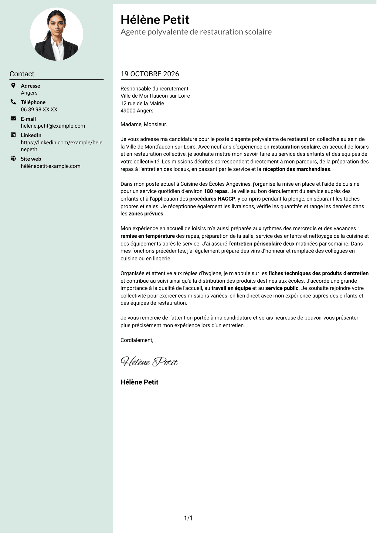 Lettre de motivation Cadre (format à colonne latérale douce avec photo arrondie) : Agent polyvalent de restauration collective, page 1