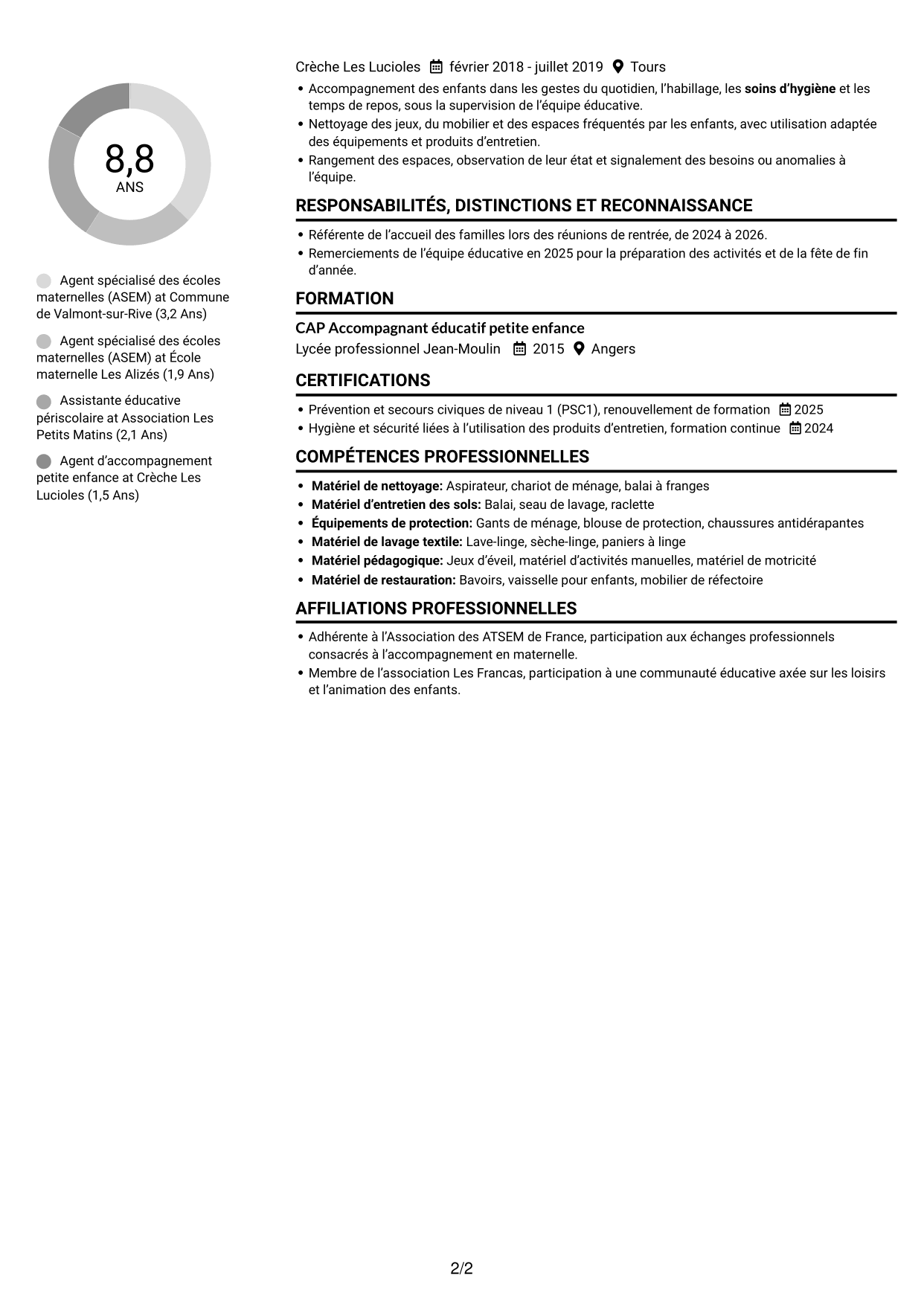 CV Compact (format sobre à deux colonnes avec photo) : Agent spécialisé des écoles maternelles (ASEM) - Accompagnement éducatif, page 2