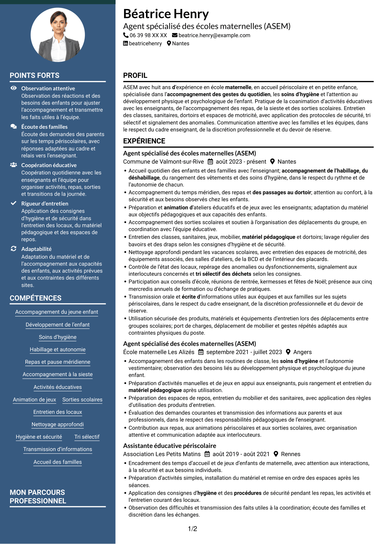 CV Élégant (format à colonne latérale colorée avec photo) : Agent spécialisé des écoles maternelles (ASEM) - Accompagnement éducatif, page 1
