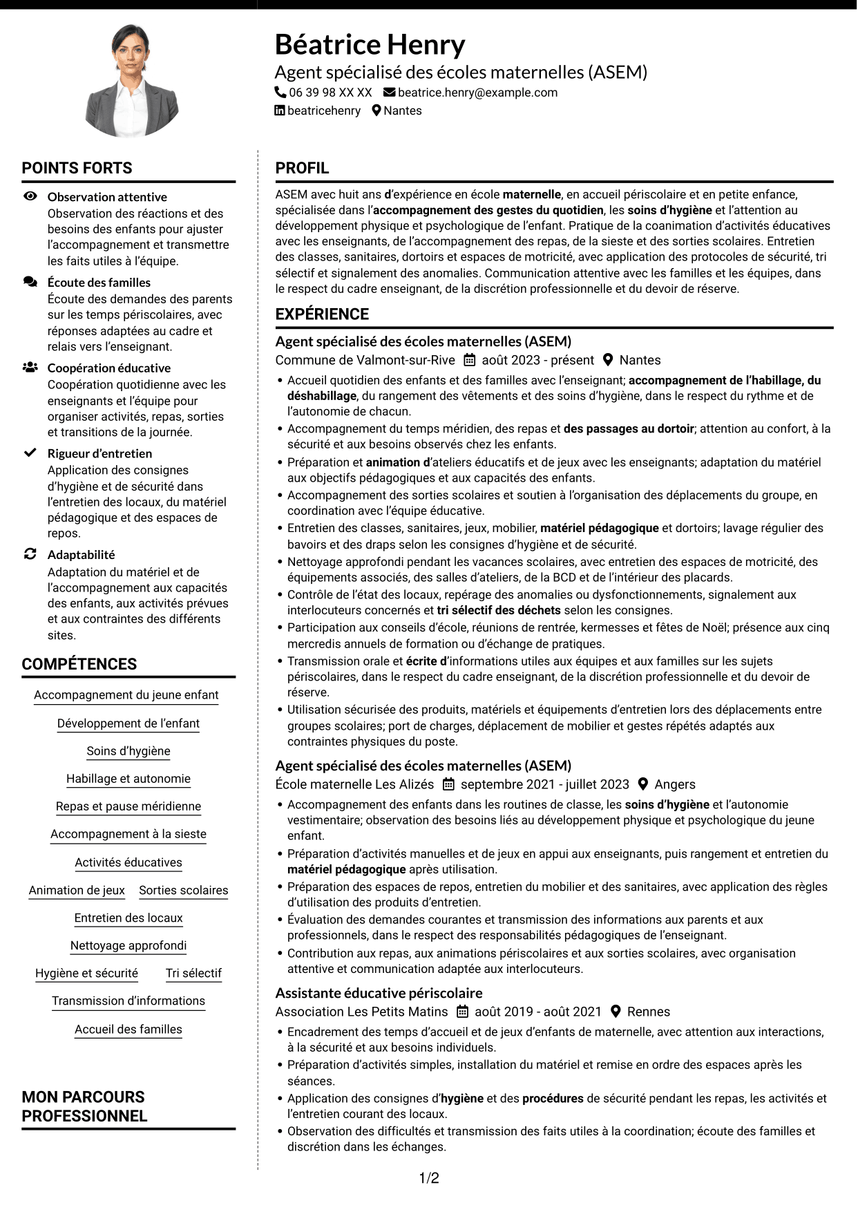 CV Moderne (format à deux colonnes avec photo à gauche et séparateur) : Agent spécialisé des écoles maternelles (ASEM) - Accompagnement éducatif, page 1