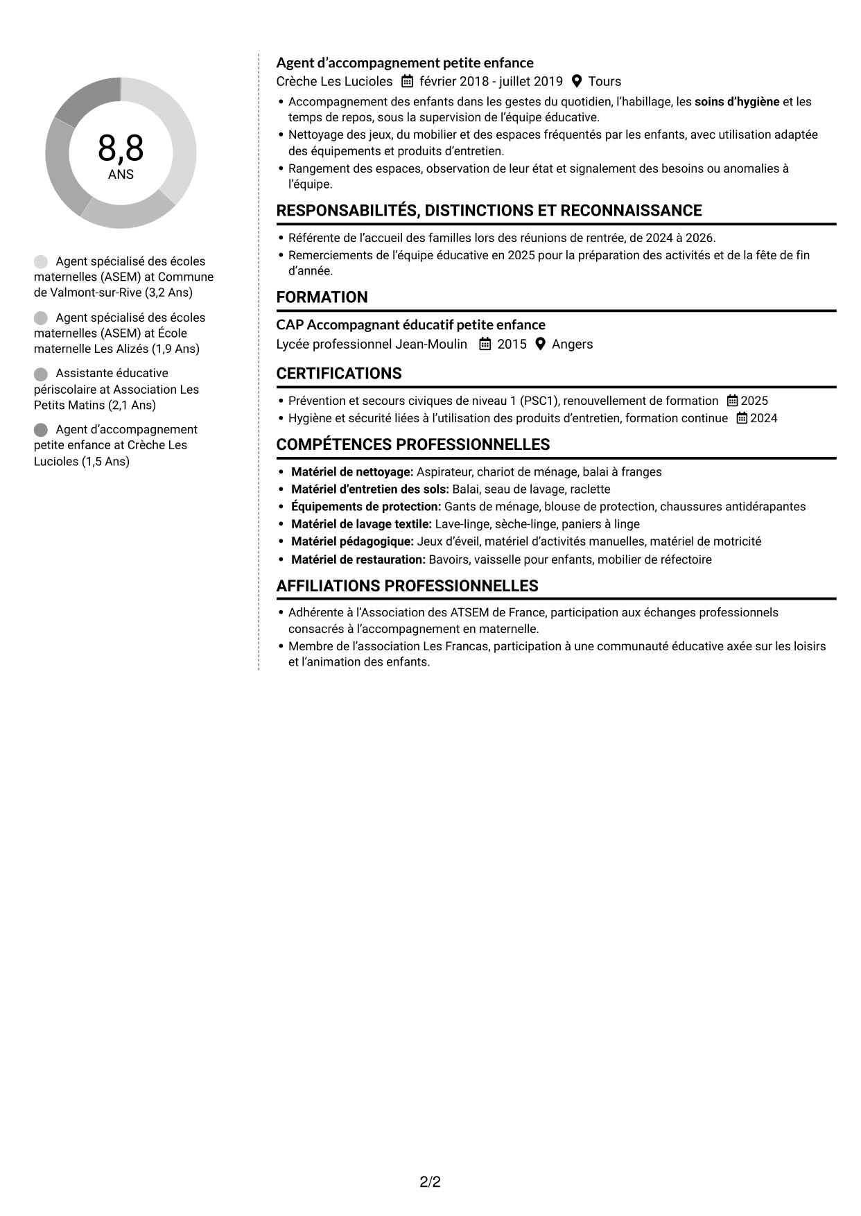 CV Moderne (format à deux colonnes avec photo à gauche et séparateur) : Agent spécialisé des écoles maternelles (ASEM) - Accompagnement éducatif, page 2