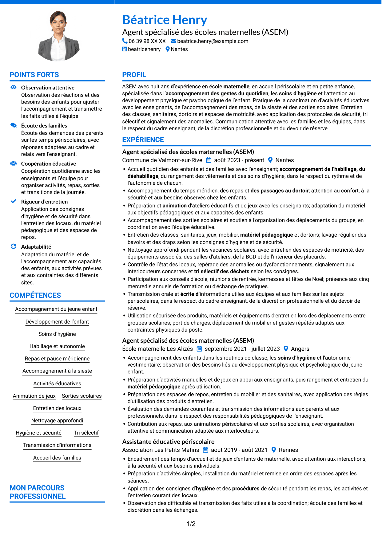 CV Audacieux (format à deux colonnes avec accents colorés et photo) : Agent spécialisé des écoles maternelles (ASEM) - Accompagnement éducatif, page 1