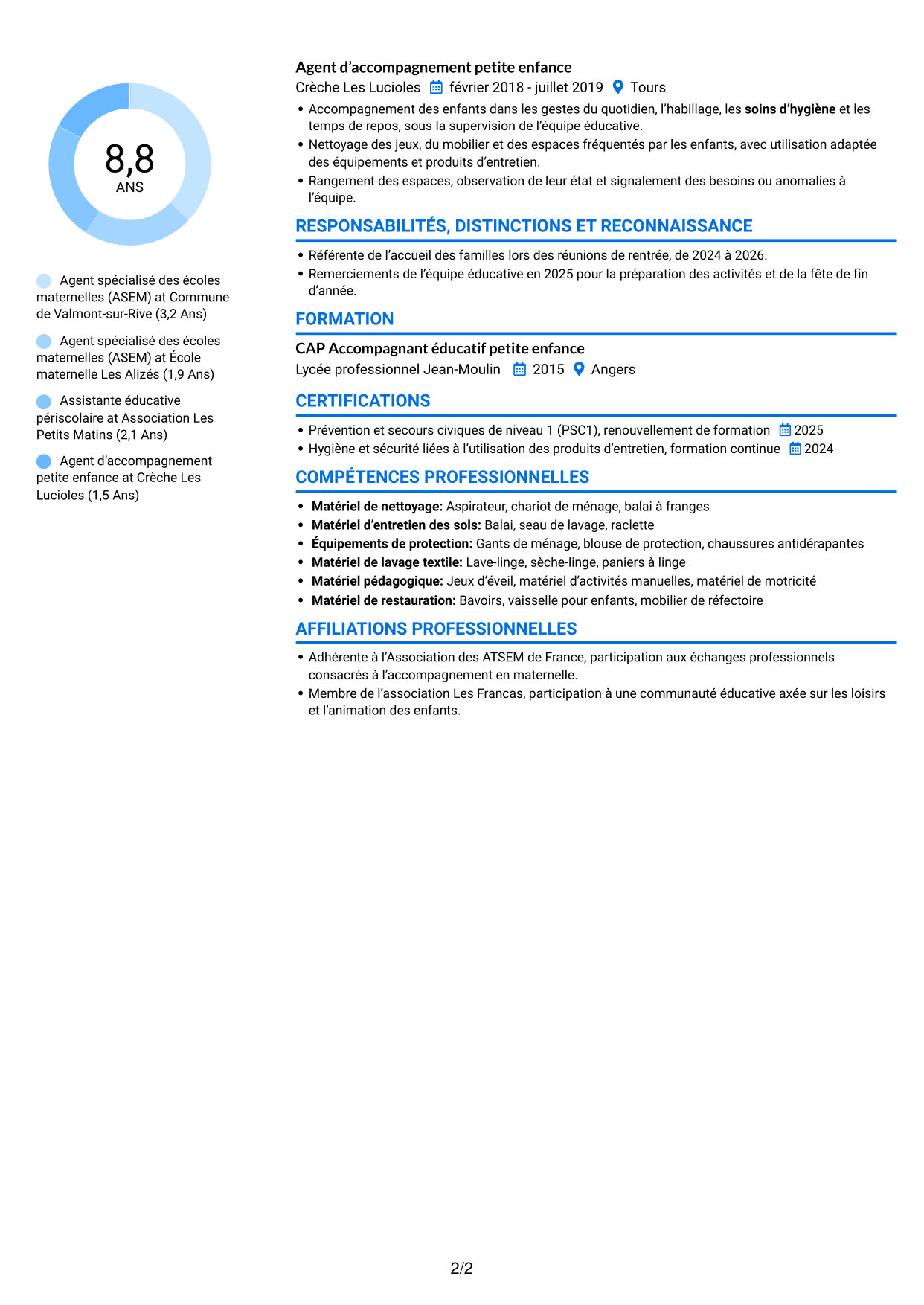 CV Audacieux (format à deux colonnes avec accents colorés et photo) : Agent spécialisé des écoles maternelles (ASEM) - Accompagnement éducatif, page 2