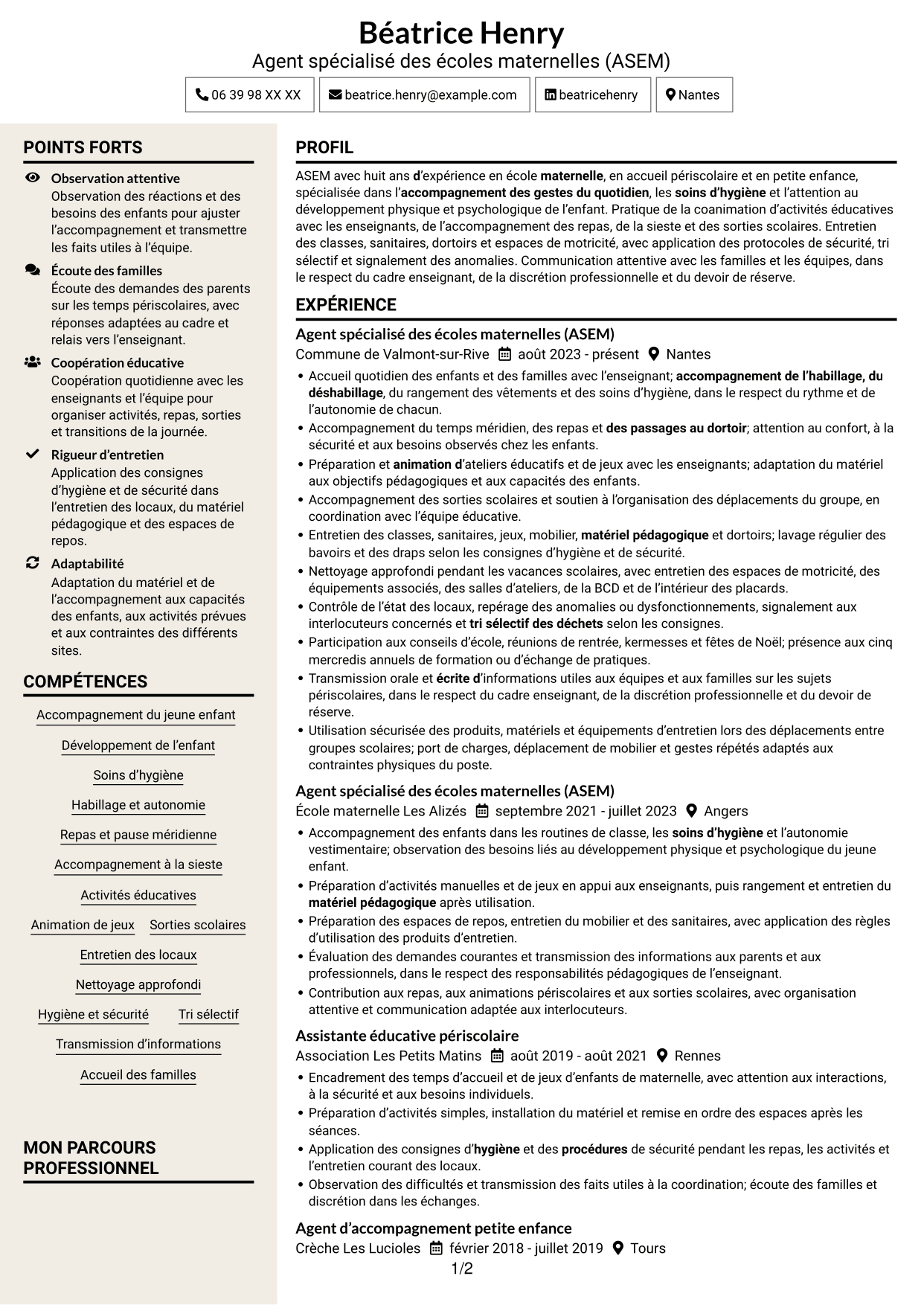 CV Fonceur (format à deux colonnes avec en-tête centré sans photo) : Agent spécialisé des écoles maternelles (ASEM) - Accompagnement éducatif, page 1
