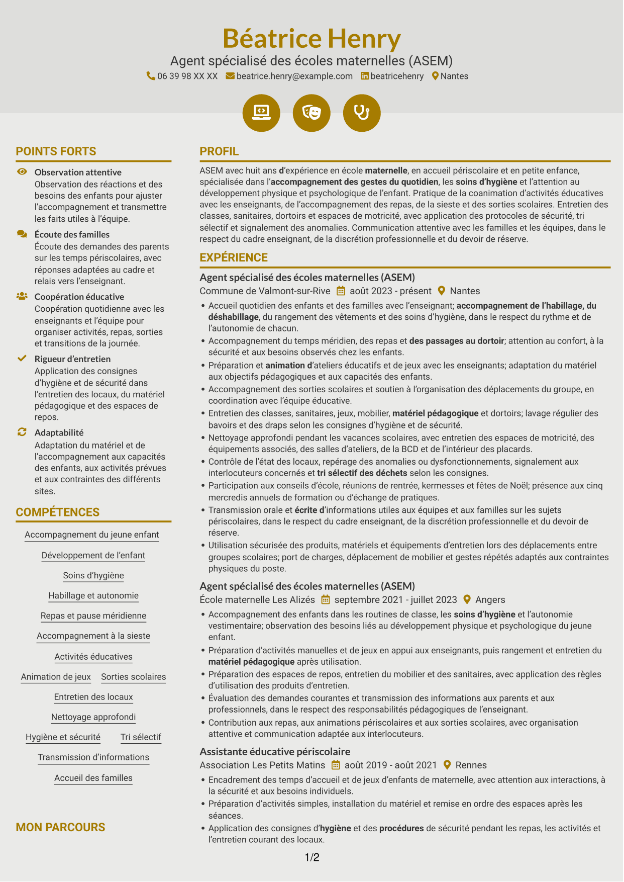 CV Dynamique (format à deux colonnes avec icônes) : Agent spécialisé des écoles maternelles (ASEM) - Accompagnement éducatif, page 1