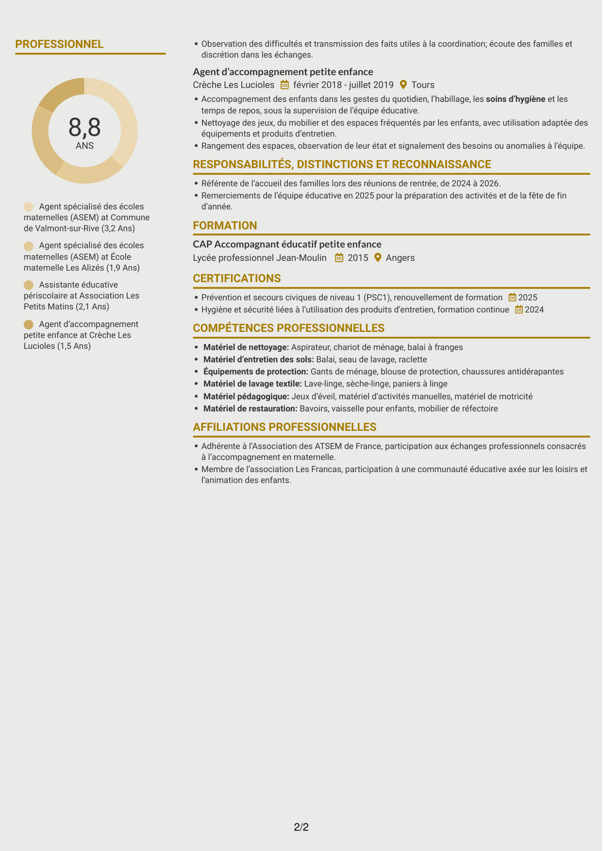 CV Dynamique (format à deux colonnes avec icônes) : Agent spécialisé des écoles maternelles (ASEM) - Accompagnement éducatif, page 2