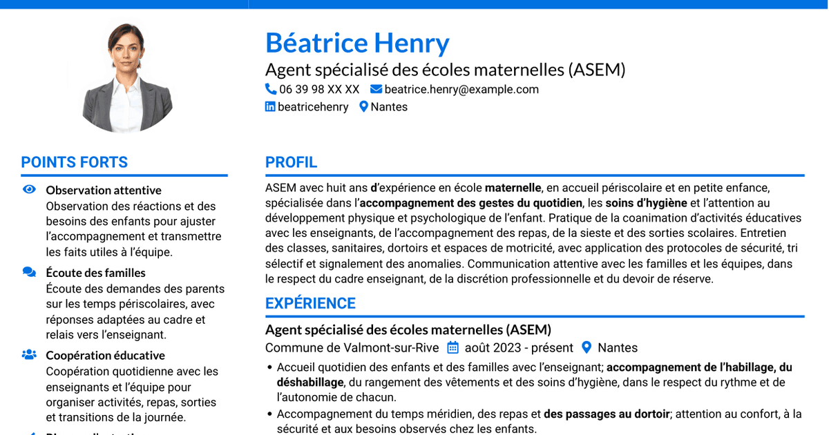 7 modèles de CV pour Agent spécialisé des écoles maternelles (ASEM) - Accompagnement éducatif, avec exemples