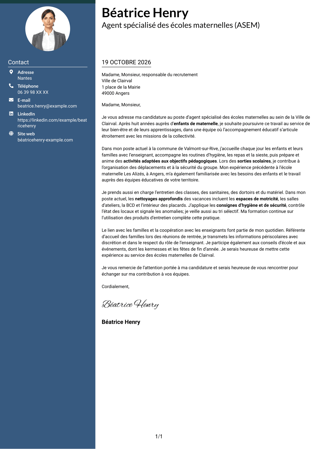 Lettre de motivation Élégant (format à colonne latérale colorée avec photo) : Agent spécialisé des écoles maternelles (ASEM) - Accompagnement éducatif, page 1
