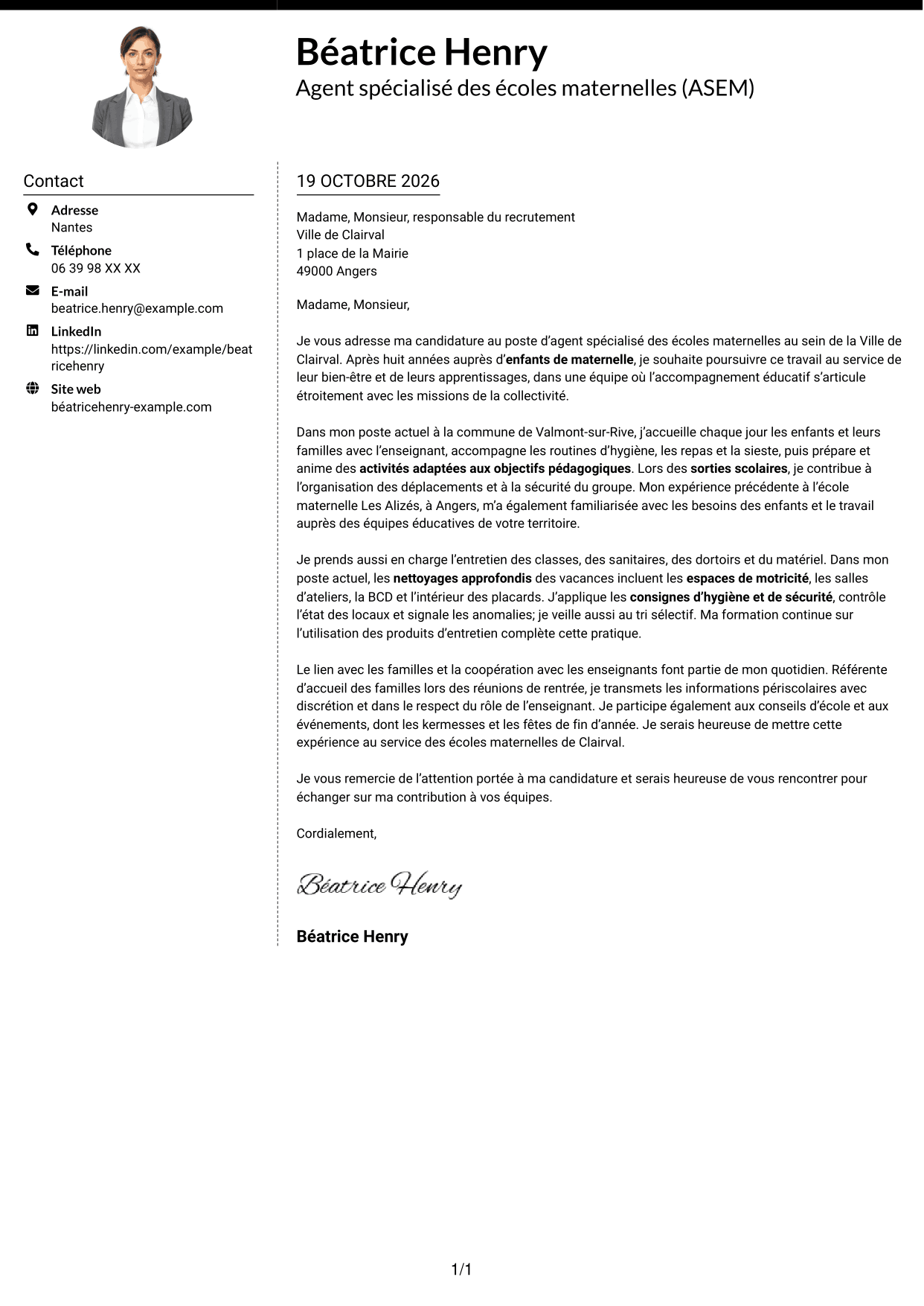 Lettre de motivation Moderne (format à deux colonnes avec photo à gauche et séparateur) : Agent spécialisé des écoles maternelles (ASEM) - Accompagnement éducatif, page 1