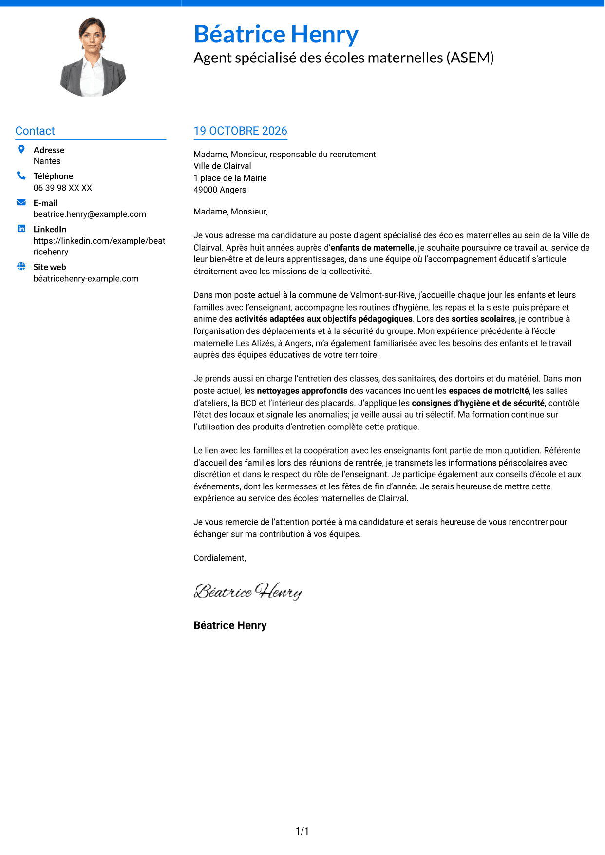 Lettre de motivation Audacieux (format à deux colonnes avec accents colorés et photo) : Agent spécialisé des écoles maternelles (ASEM) - Accompagnement éducatif, page 1