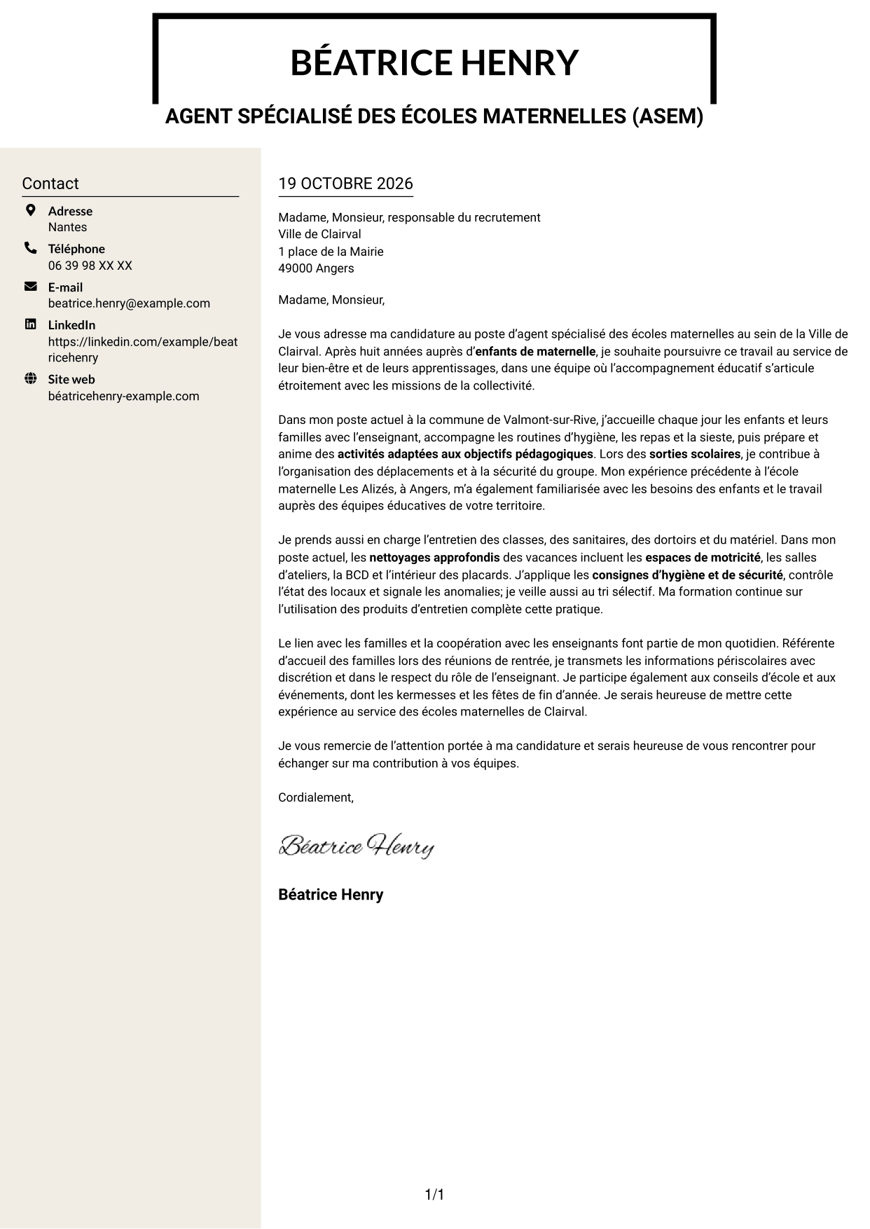 Lettre de motivation Fonceur (format à deux colonnes avec en-tête centré sans photo) : Agent spécialisé des écoles maternelles (ASEM) - Accompagnement éducatif, page 1