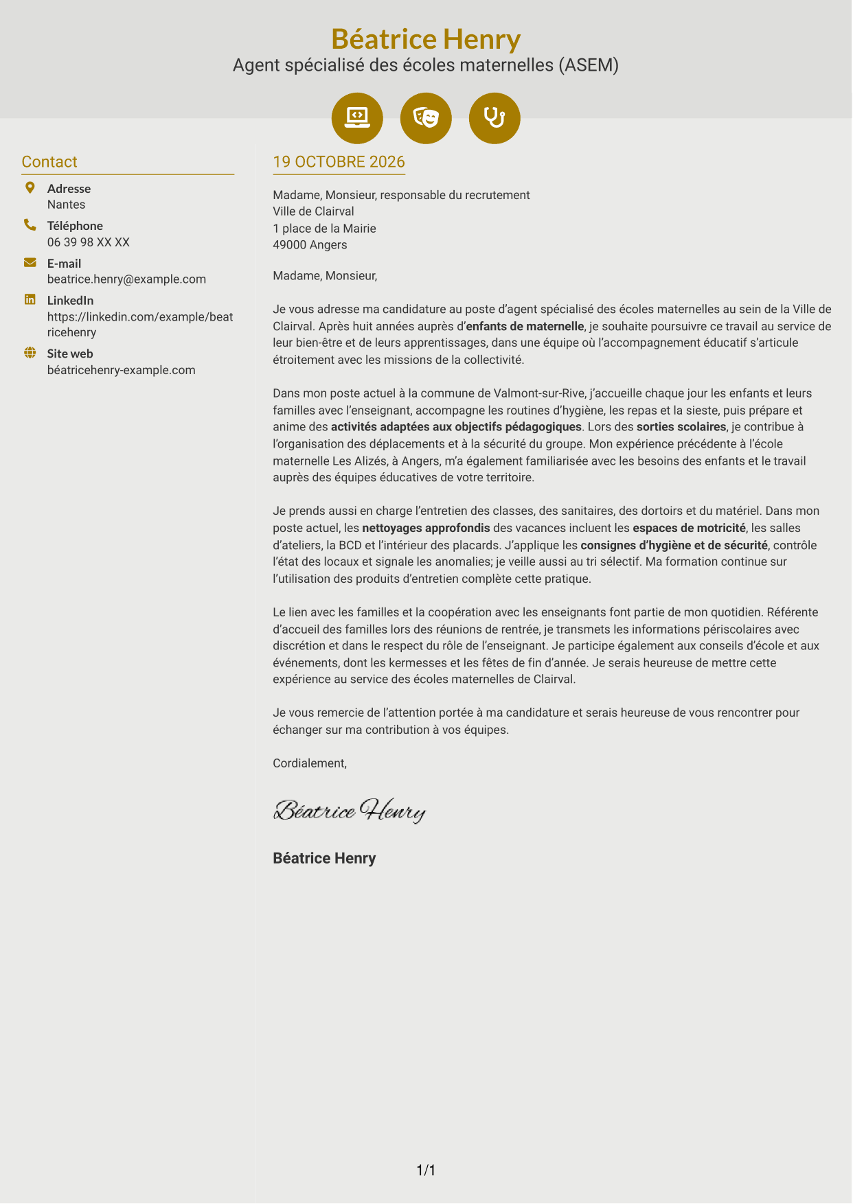 Lettre de motivation Dynamique (format à deux colonnes avec icônes) : Agent spécialisé des écoles maternelles (ASEM) - Accompagnement éducatif, page 1