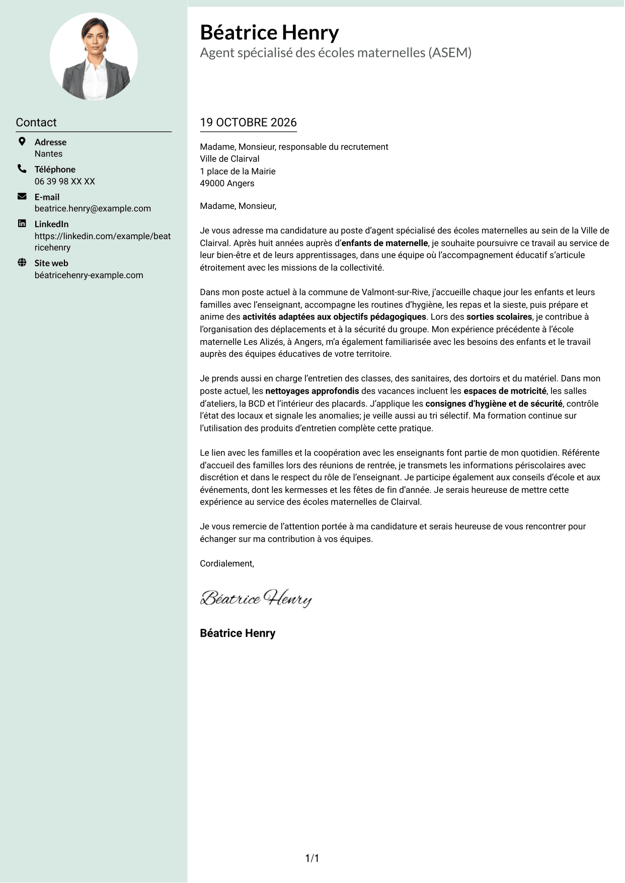 Lettre de motivation Cadre (format à colonne latérale douce avec photo arrondie) : Agent spécialisé des écoles maternelles (ASEM) - Accompagnement éducatif, page 1