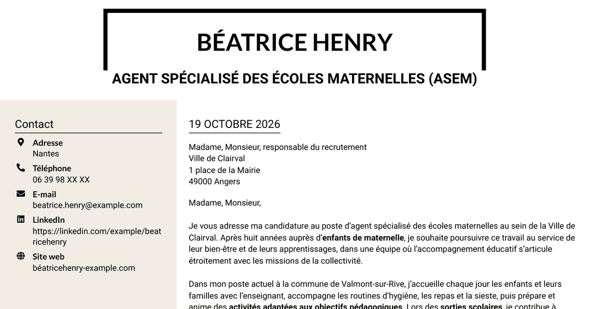 7 modèles de lettre de motivation pour Agent spécialisé des écoles maternelles (ASEM) - Accompagnement éducatif, avec exemples