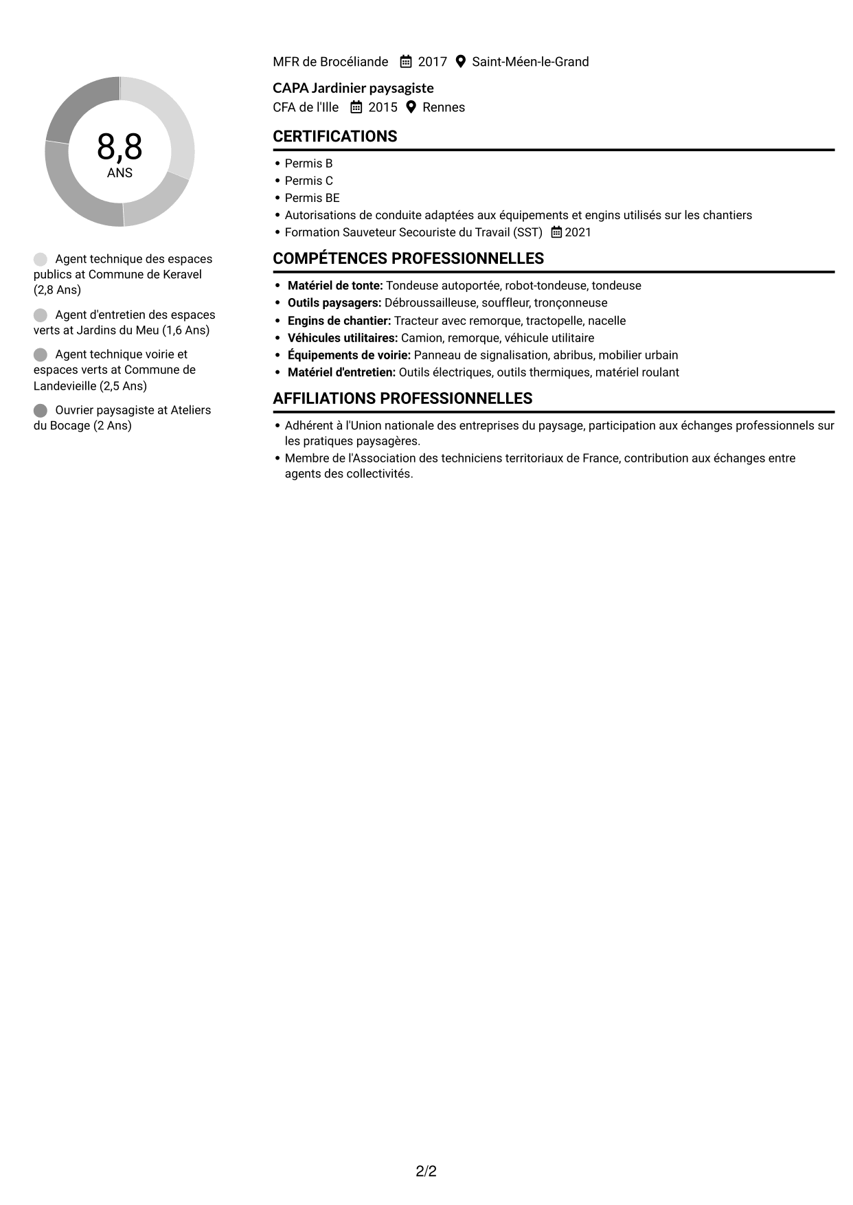 CV Compact (format sobre à deux colonnes avec photo) : Agent technique des espaces publics - Espaces verts et voirie, page 2