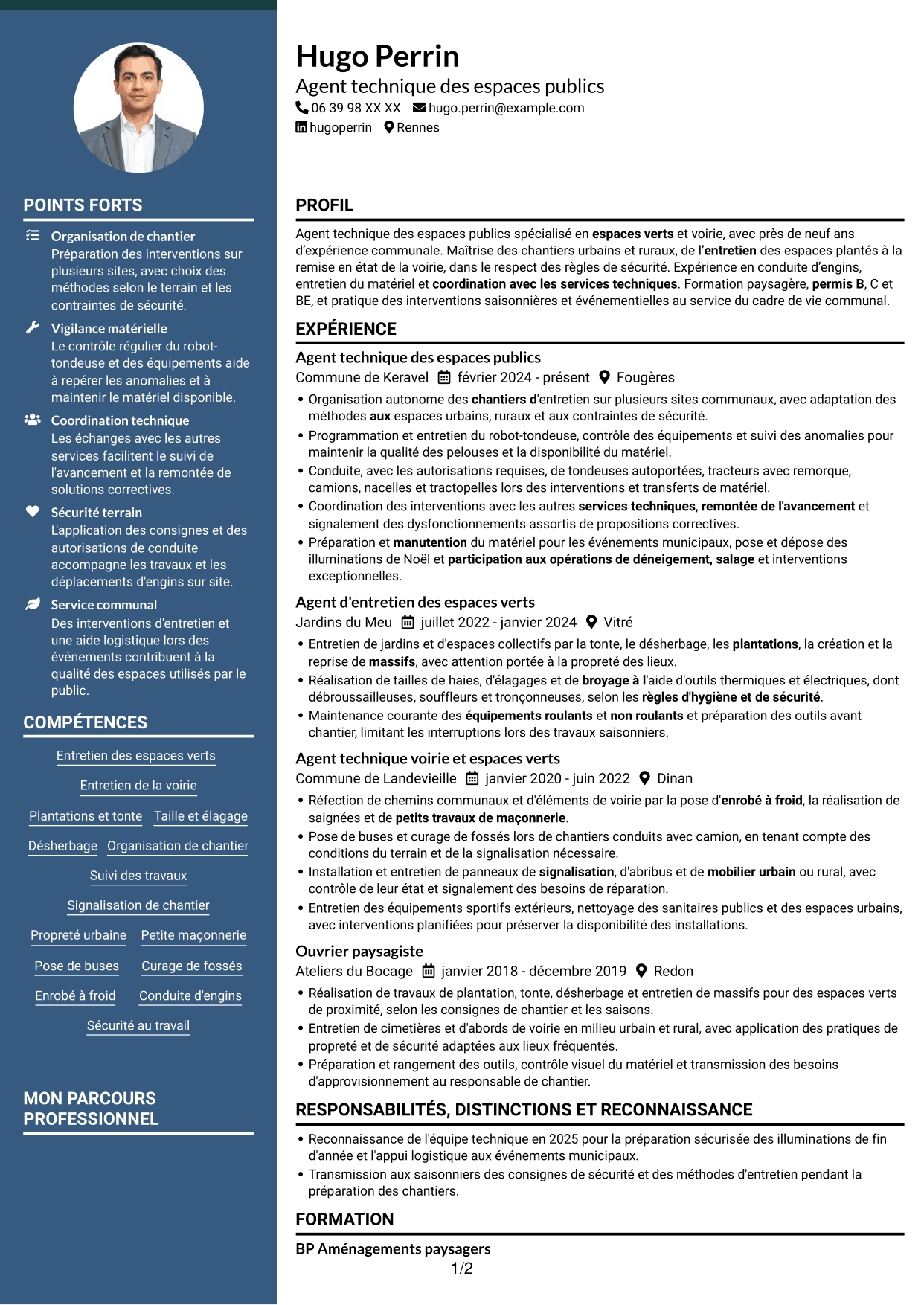 CV Élégant (format à colonne latérale colorée avec photo) : Agent technique des espaces publics - Espaces verts et voirie, page 1
