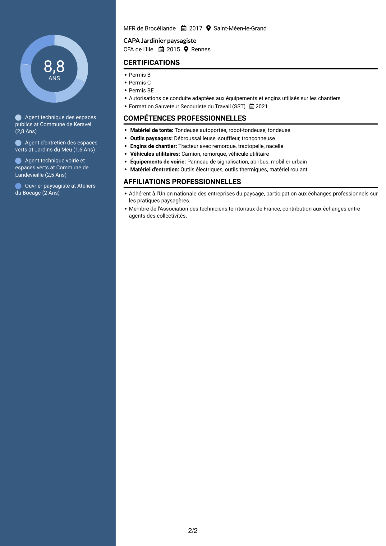 CV Élégant (format à colonne latérale colorée avec photo) : Agent technique des espaces publics - Espaces verts et voirie, page 2