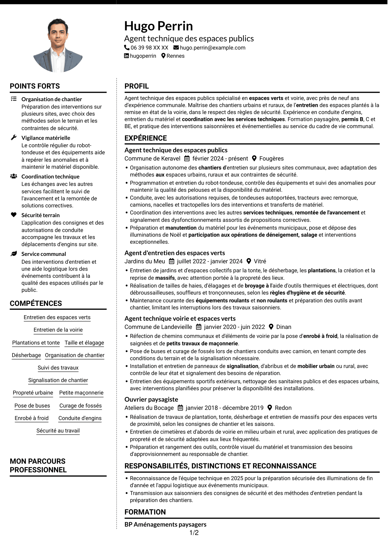 CV Moderne (format à deux colonnes avec photo à gauche et séparateur) : Agent technique des espaces publics - Espaces verts et voirie, page 1