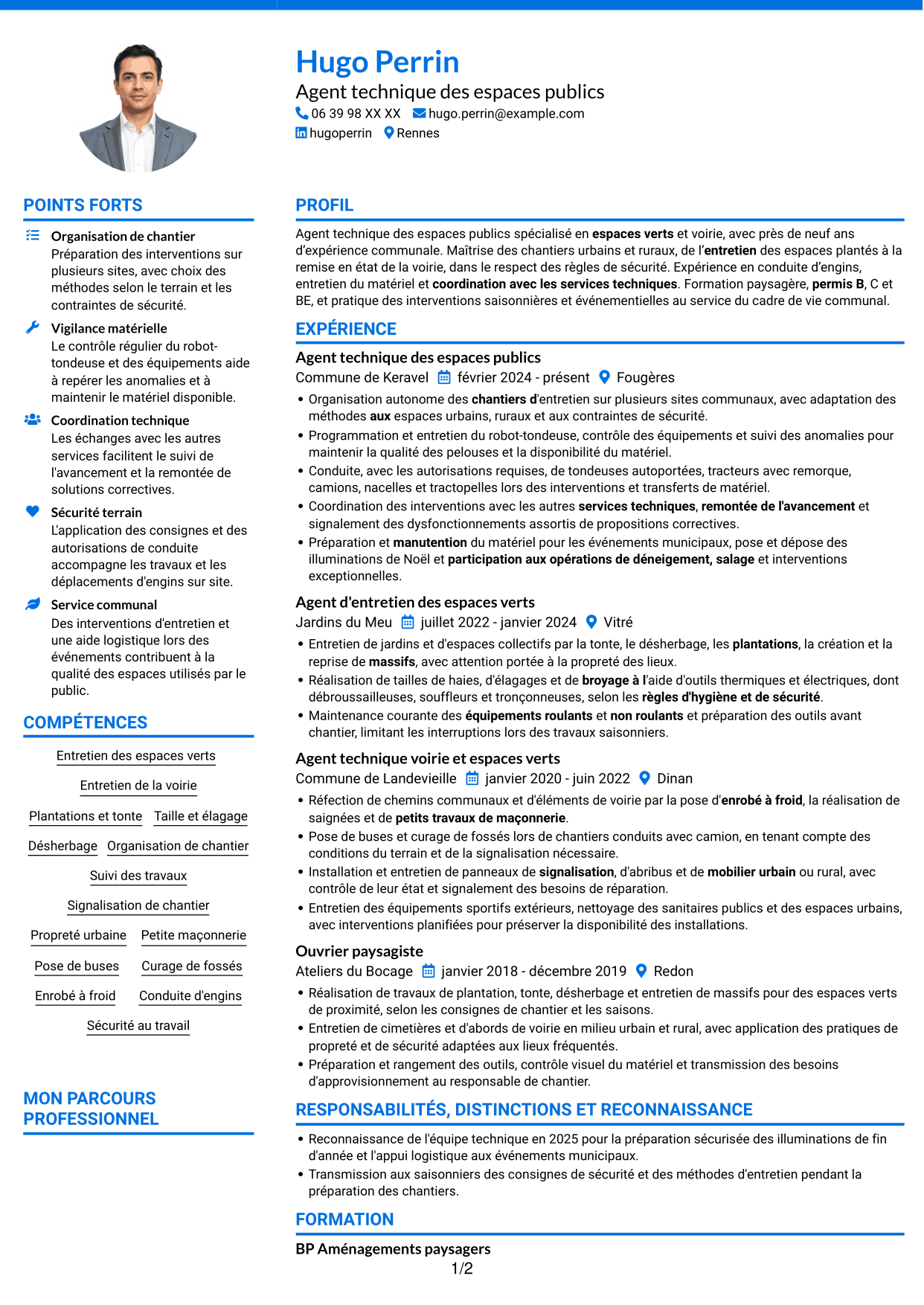 CV Audacieux (format à deux colonnes avec accents colorés et photo) : Agent technique des espaces publics - Espaces verts et voirie, page 1