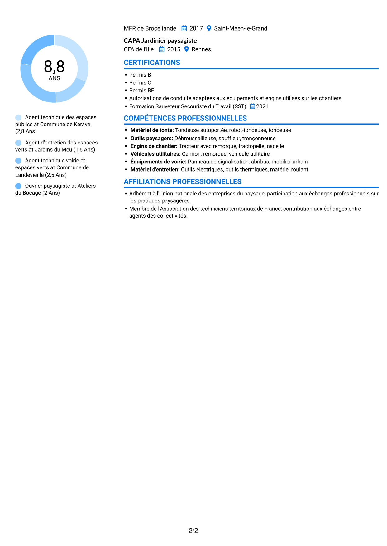 CV Audacieux (format à deux colonnes avec accents colorés et photo) : Agent technique des espaces publics - Espaces verts et voirie, page 2