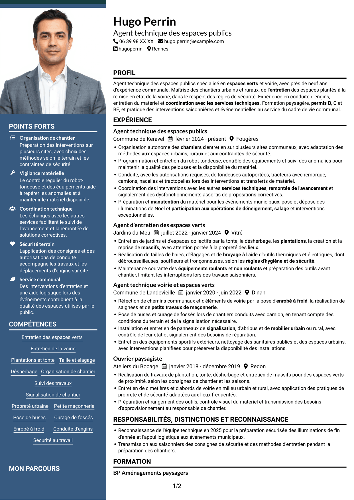 CV Signature (format à colonne latérale colorée avec grande photo) : Agent technique des espaces publics - Espaces verts et voirie, page 1