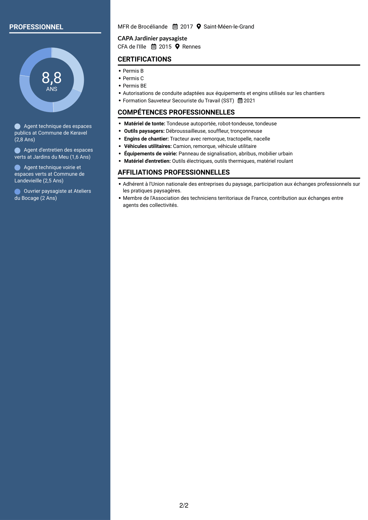 CV Signature (format à colonne latérale colorée avec grande photo) : Agent technique des espaces publics - Espaces verts et voirie, page 2