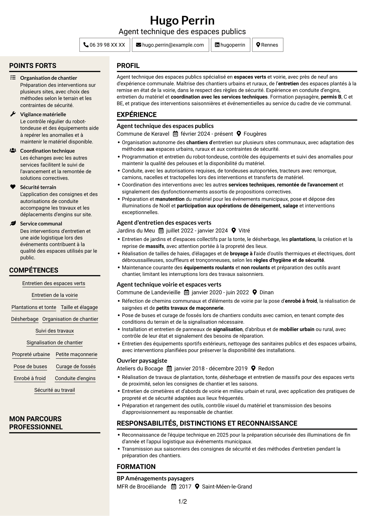 CV Fonceur (format à deux colonnes avec en-tête centré sans photo) : Agent technique des espaces publics - Espaces verts et voirie, page 1