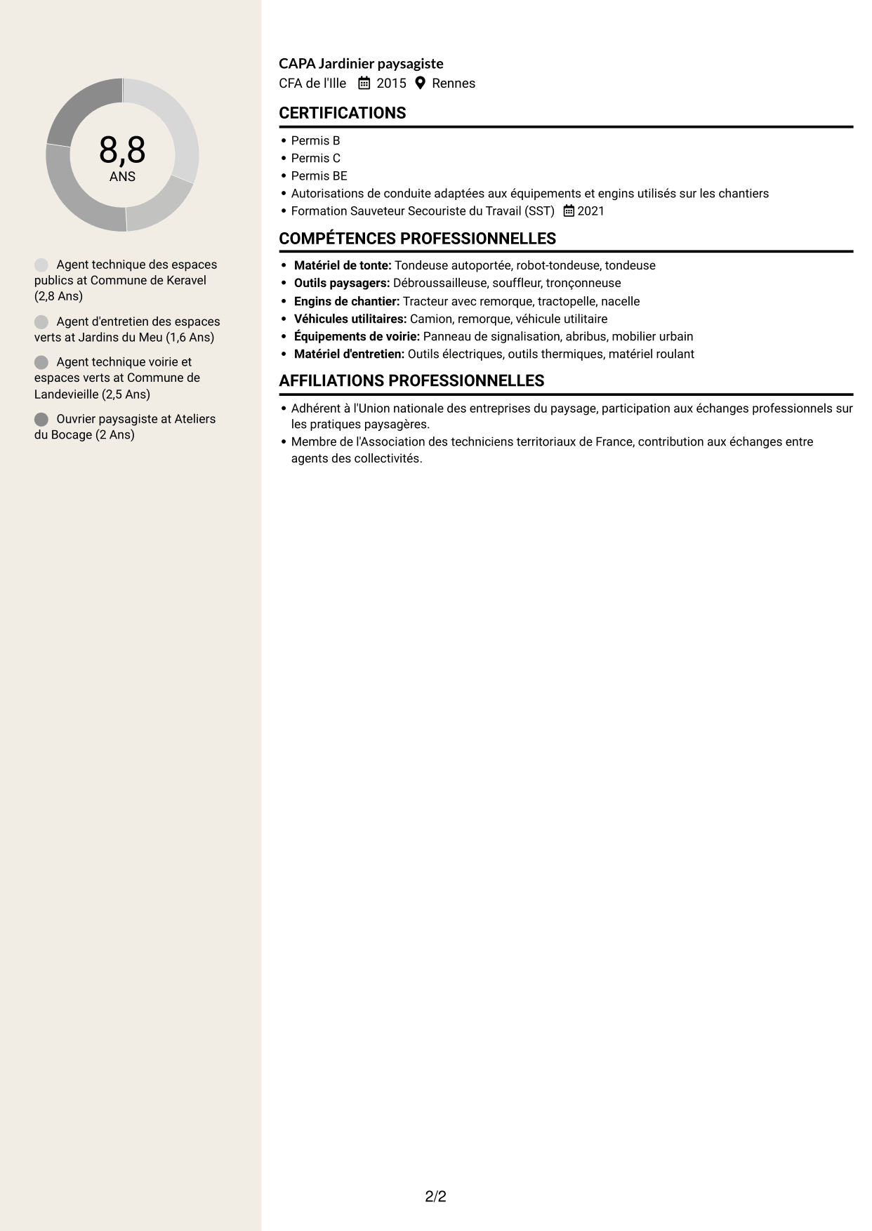 CV Fonceur (format à deux colonnes avec en-tête centré sans photo) : Agent technique des espaces publics - Espaces verts et voirie, page 2