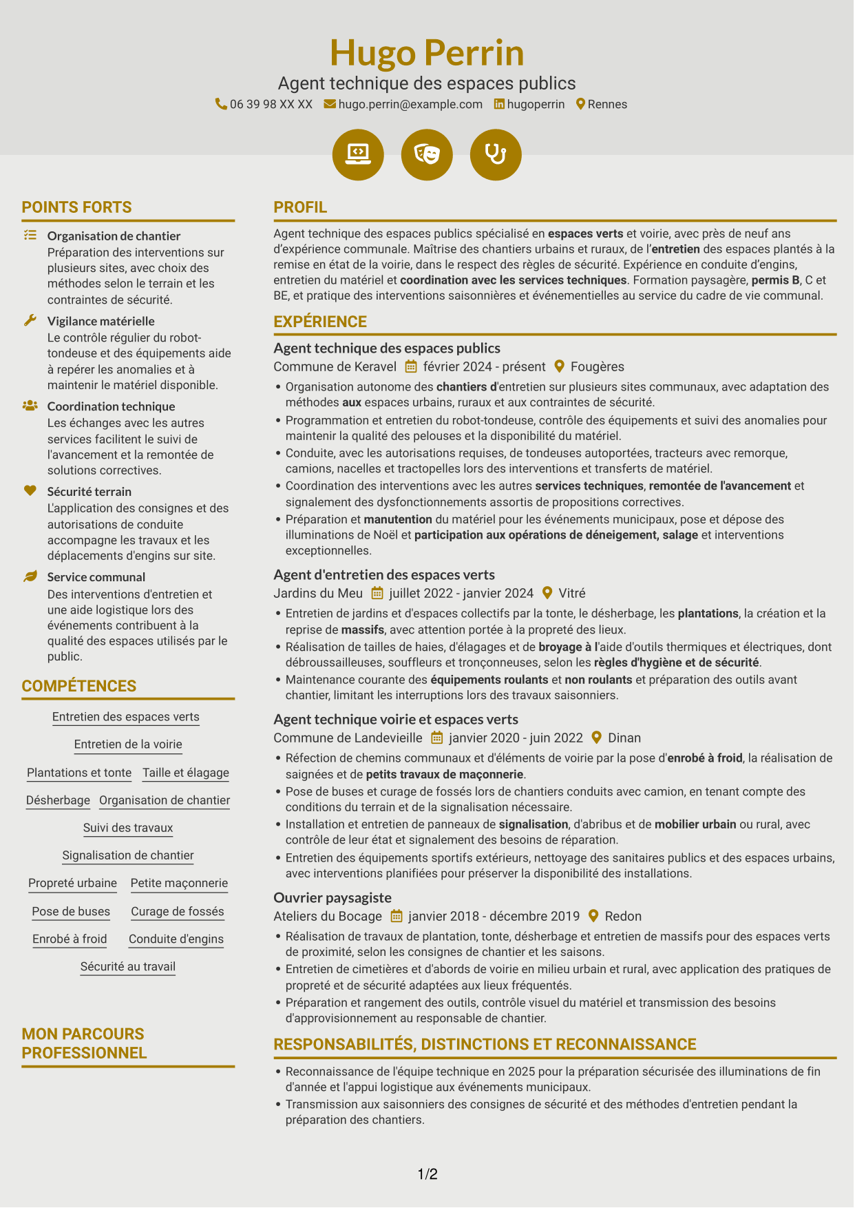 CV Dynamique (format à deux colonnes avec icônes) : Agent technique des espaces publics - Espaces verts et voirie, page 1