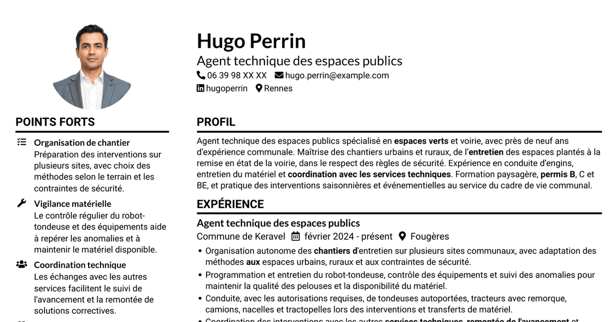 7 modèles de CV pour Agent technique des espaces publics - Espaces verts et voirie, avec exemples