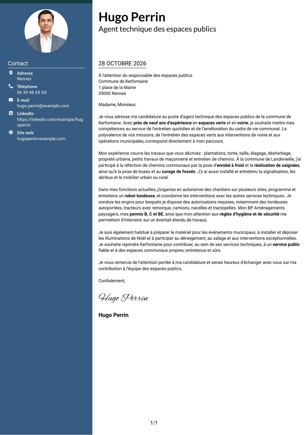 Lettre de motivation Élégant (format à colonne latérale colorée avec photo) : Agent technique des espaces publics - Espaces verts et voirie, page 1