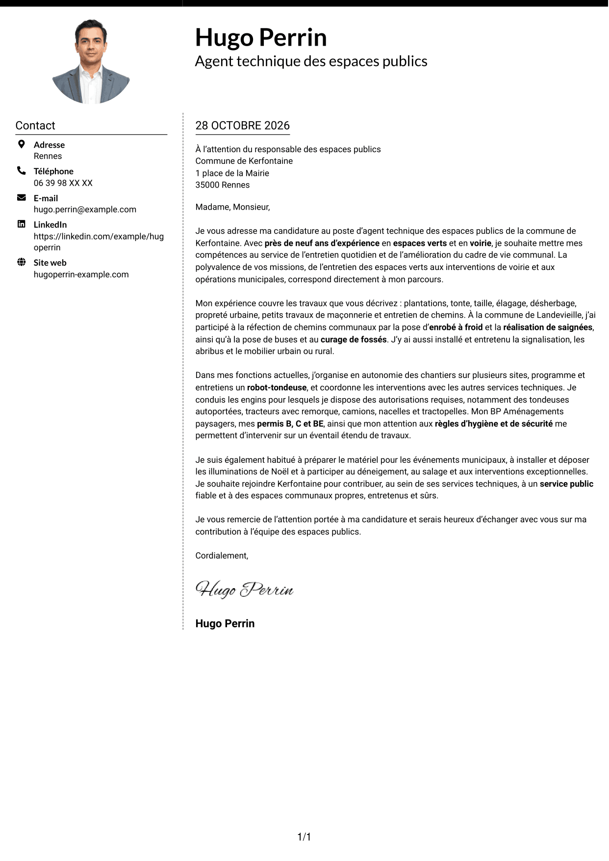 Lettre de motivation Moderne (format à deux colonnes avec photo à gauche et séparateur) : Agent technique des espaces publics - Espaces verts et voirie, page 1