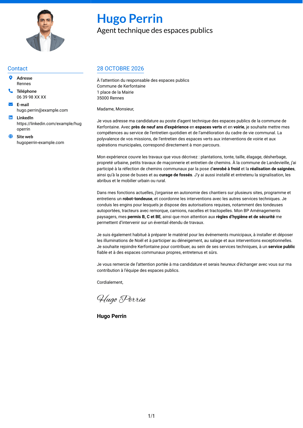 Lettre de motivation Audacieux (format à deux colonnes avec accents colorés et photo) : Agent technique des espaces publics - Espaces verts et voirie, page 1
