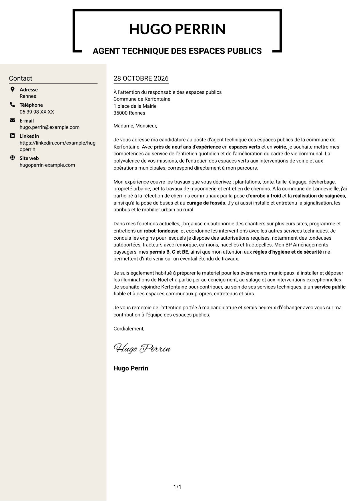 Lettre de motivation Fonceur (format à deux colonnes avec en-tête centré sans photo) : Agent technique des espaces publics - Espaces verts et voirie, page 1