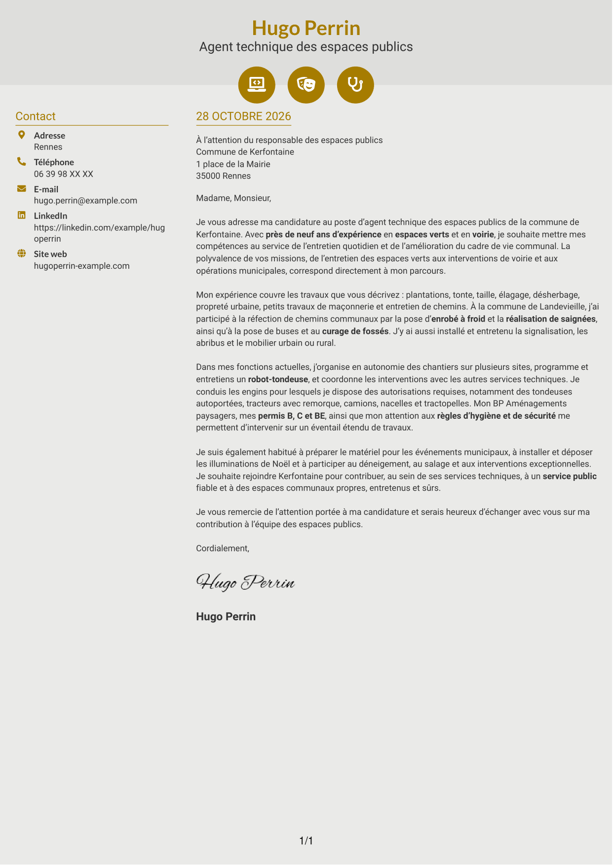 Lettre de motivation Dynamique (format à deux colonnes avec icônes) : Agent technique des espaces publics - Espaces verts et voirie, page 1