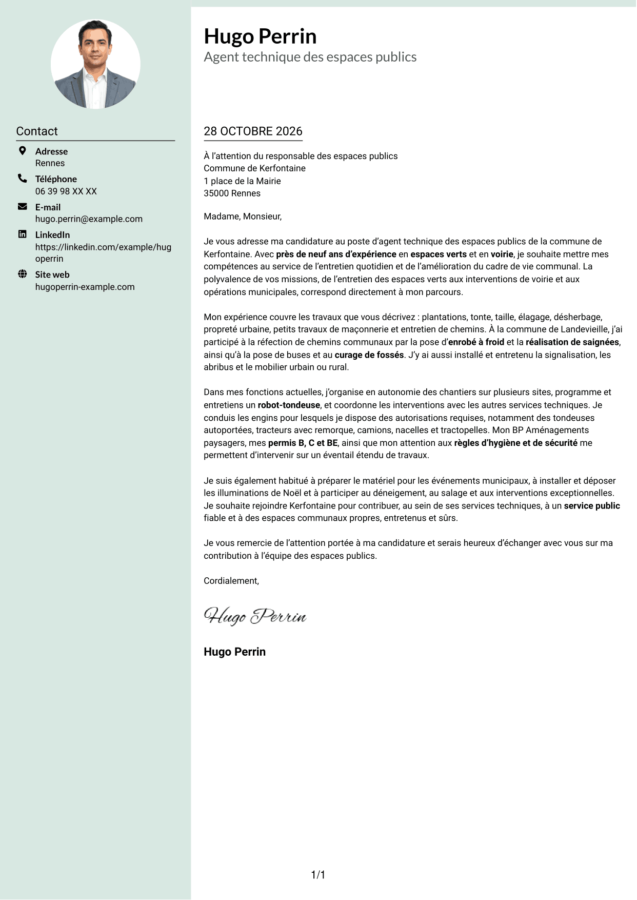 Lettre de motivation Cadre (format à colonne latérale douce avec photo arrondie) : Agent technique des espaces publics - Espaces verts et voirie, page 1