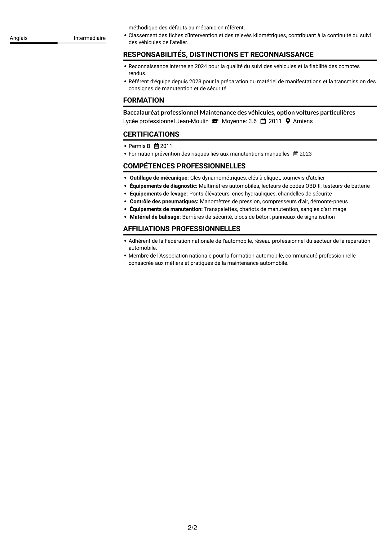 CV Compact (format sobre à deux colonnes avec photo) : Agent technique - Mécanique et bâtiment, page 2