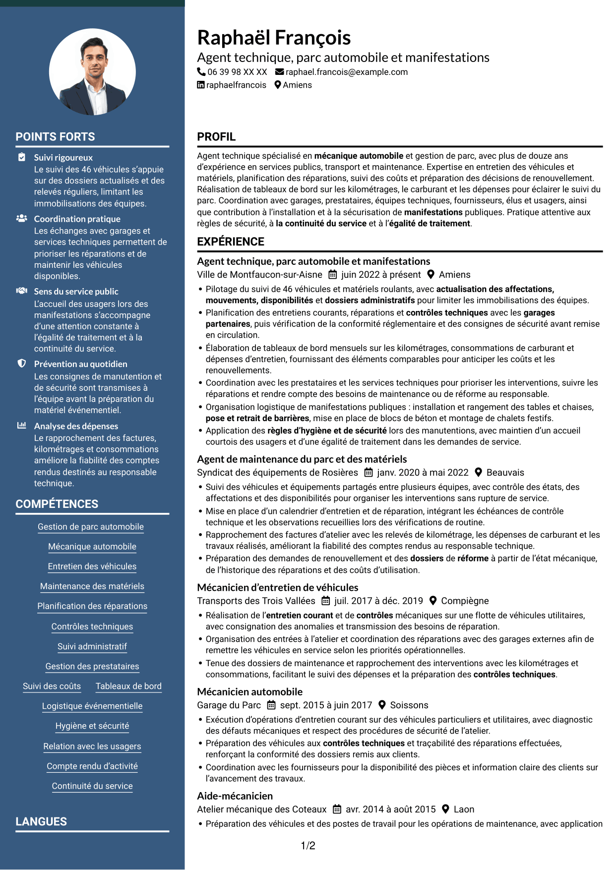 CV Élégant (format à colonne latérale colorée avec photo) : Agent technique - Mécanique et bâtiment, page 1